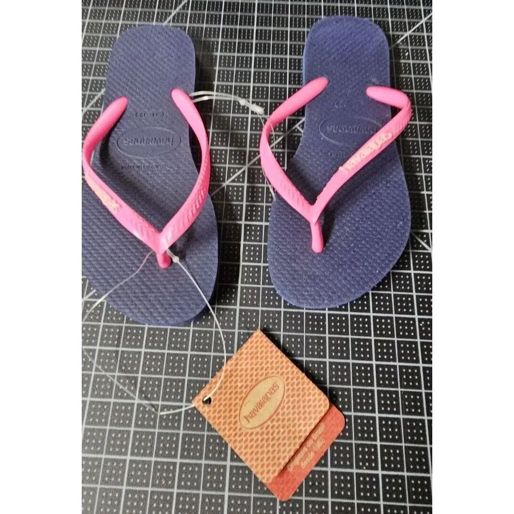 NWT Havaianas Brazil made Blue & Neon PInk Flip Flop kids 2Y/foot‎ 20.7- 21cm